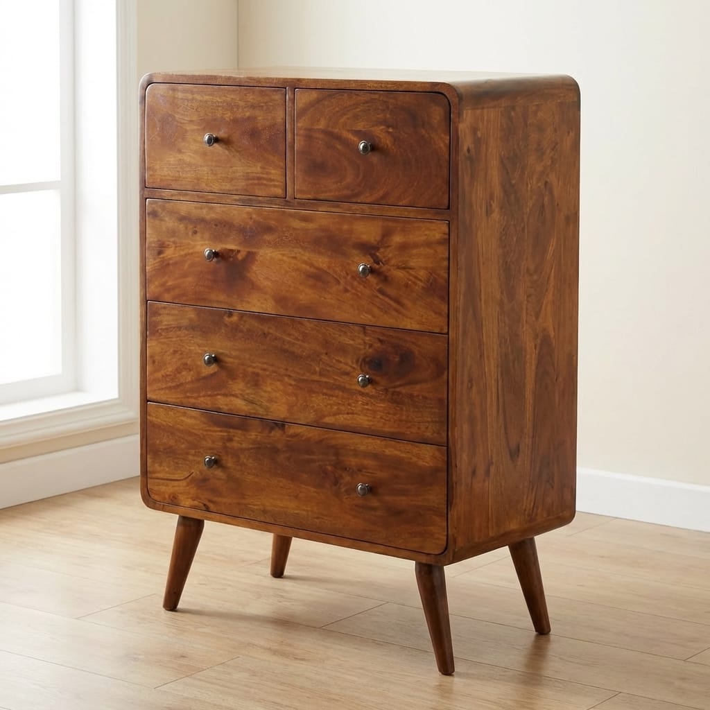 Mid-Century Modern 2 over 3 Curved Chestnut Dresser - Solid Mango Wood Storage Chest for Bedroom - main view showing...
