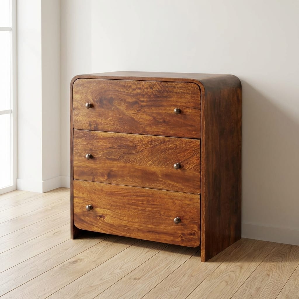 Mid-Century Modern Aspen Slim Dresser - Solid Mango Wood Storage Chest for Bedroom - main view showing handcrafted solid...