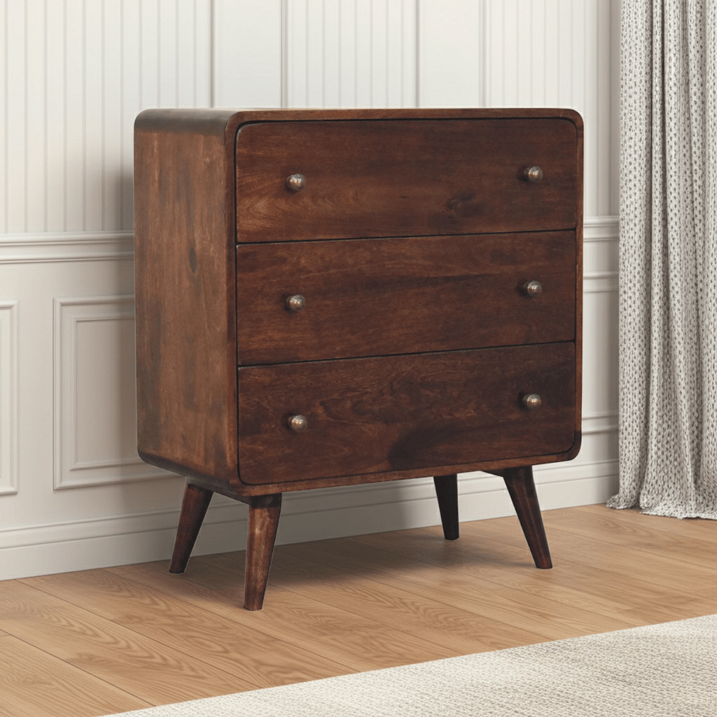 Mid-Century Modern Curved California Walnut Dresser - Solid Mango Wood Storage Chest for Bedroom - main view showing...