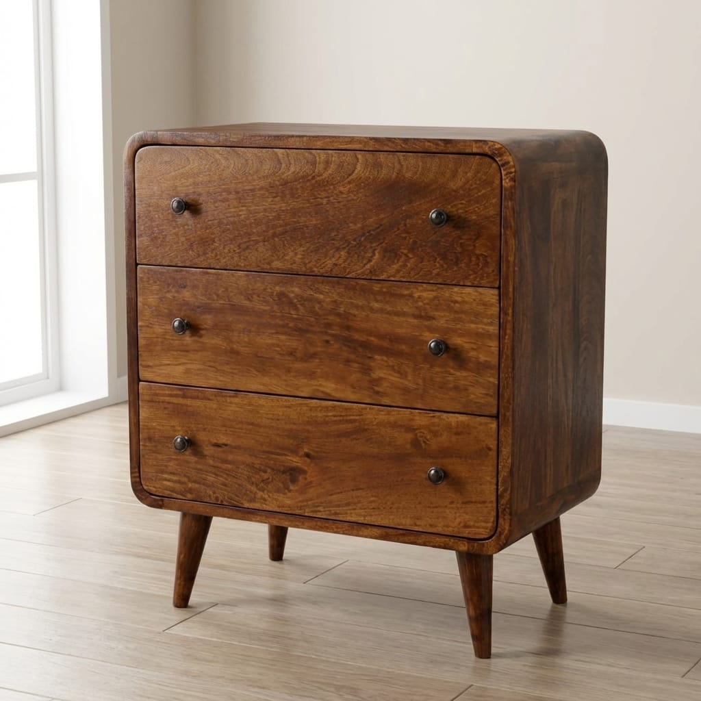 Mid-Century Modern Mini Curved Chestnut Dresser - Solid Mango Wood Storage Chest for Bedroom - main view showing...