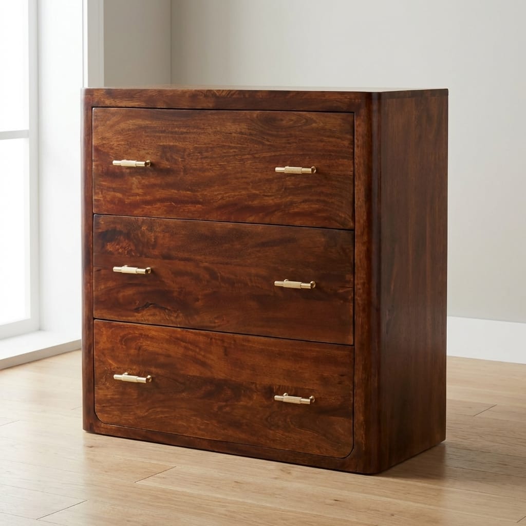 Mid-Century Modern Solid Wood Dresser - Solid Mango Wood Storage Chest for Bedroom - main view showing handcrafted solid...