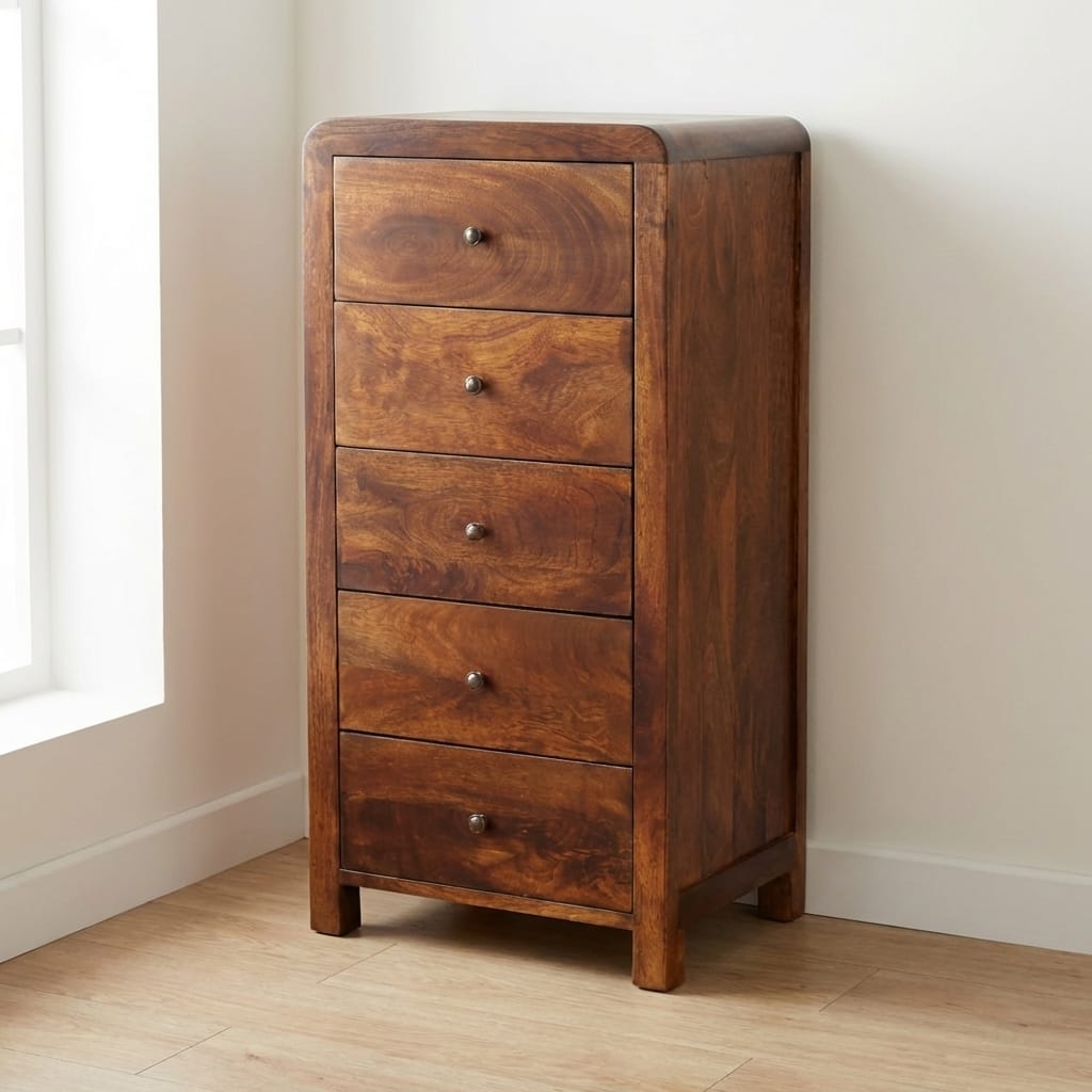 Mid-Century Modern Tallboy Dresser - Solid Mango Wood Storage Chest for Bedroom - main view showing handcrafted solid...