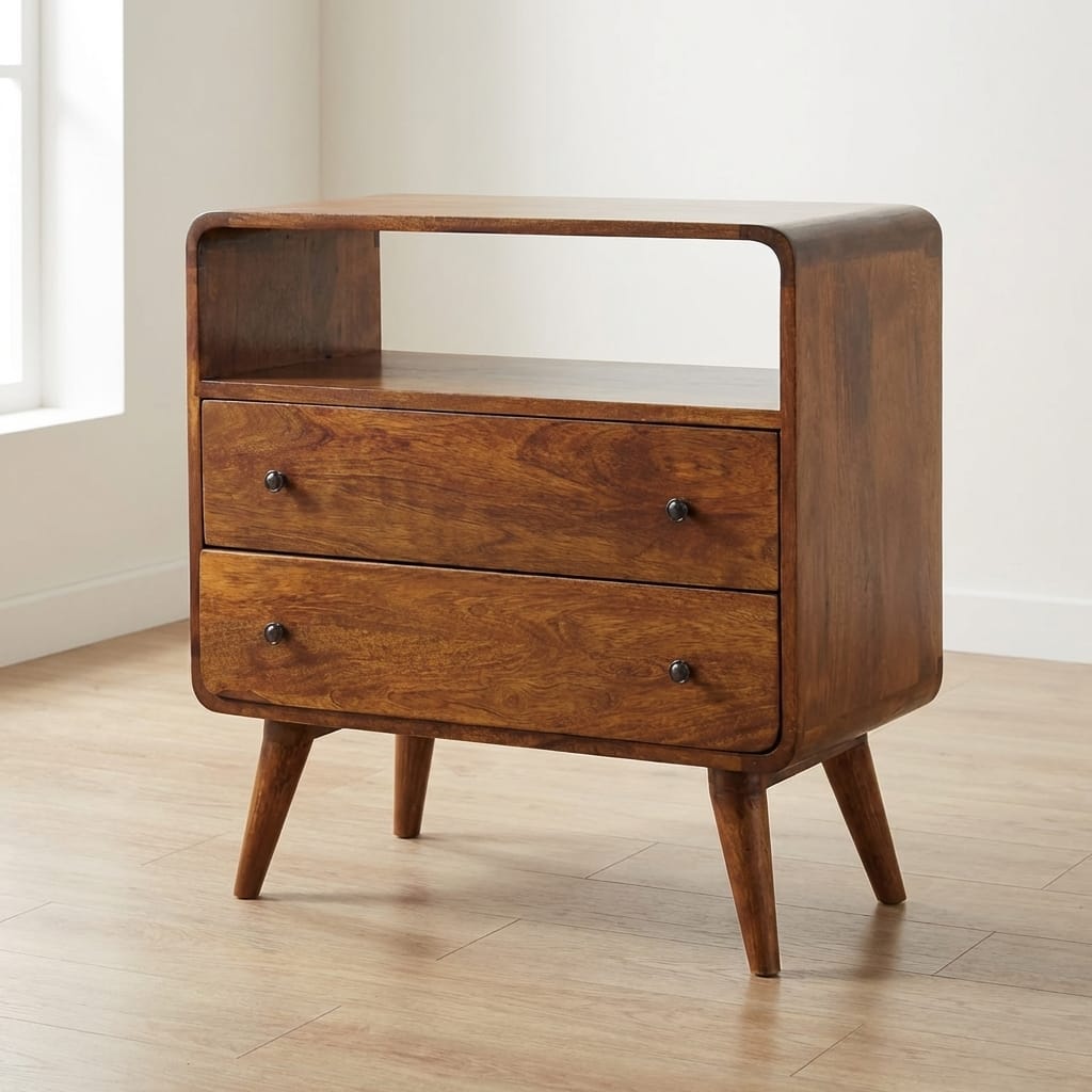Nordic Curved Charm Dresser - Solid Mango Wood Storage Chest for Bedroom - main view showing handcrafted solid mango wood...