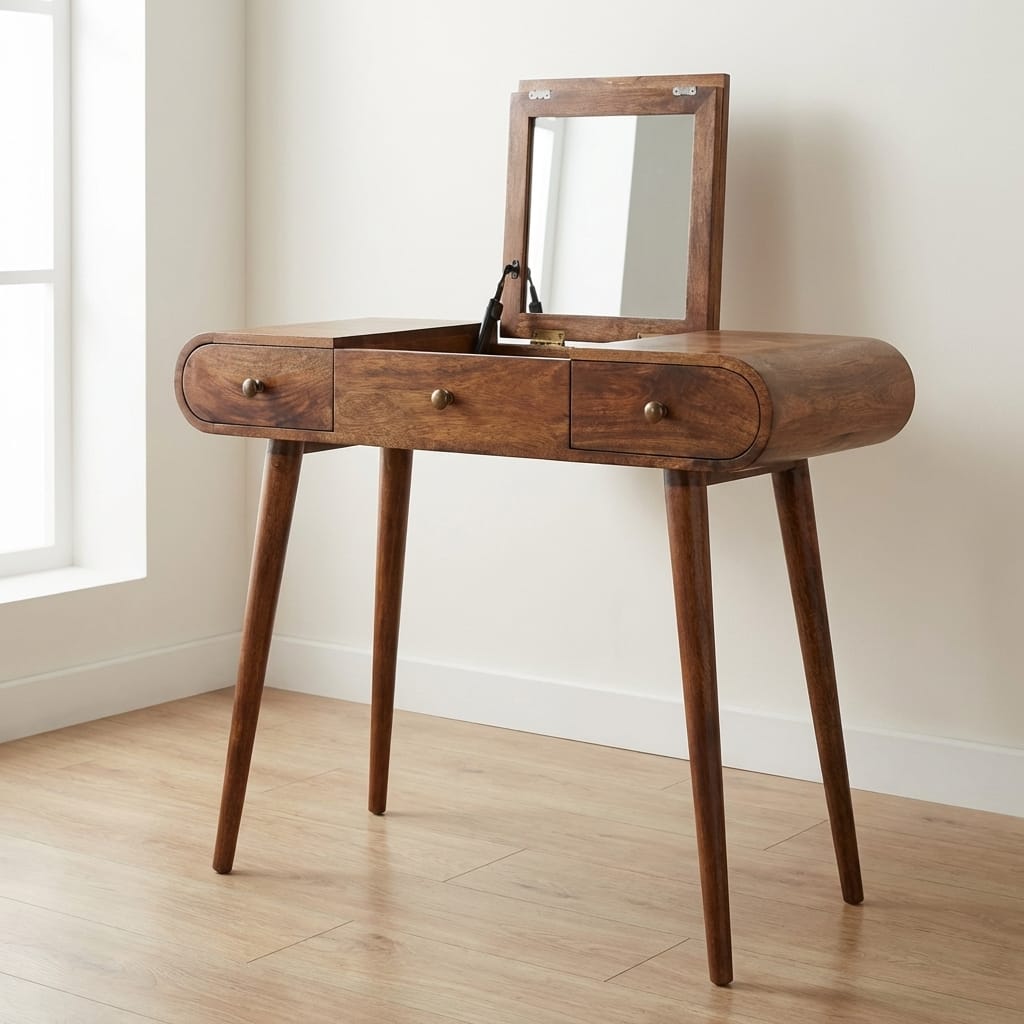 Honey Caramel Round Dressing Table - Solid Mango Wood Vanity Table for Bedroom - main view showing handcrafted solid...