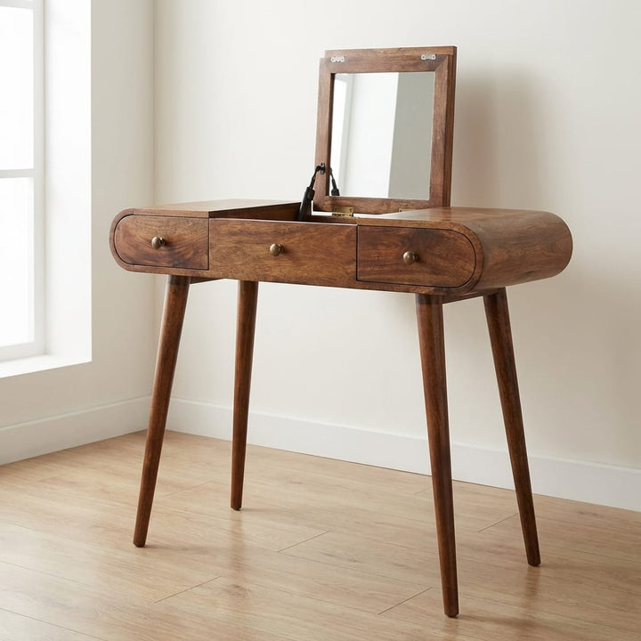 Honey Caramel Round Dressing Table - Solid Mango Wood Vanity Table for Bedroom - main view showing handcrafted solid...