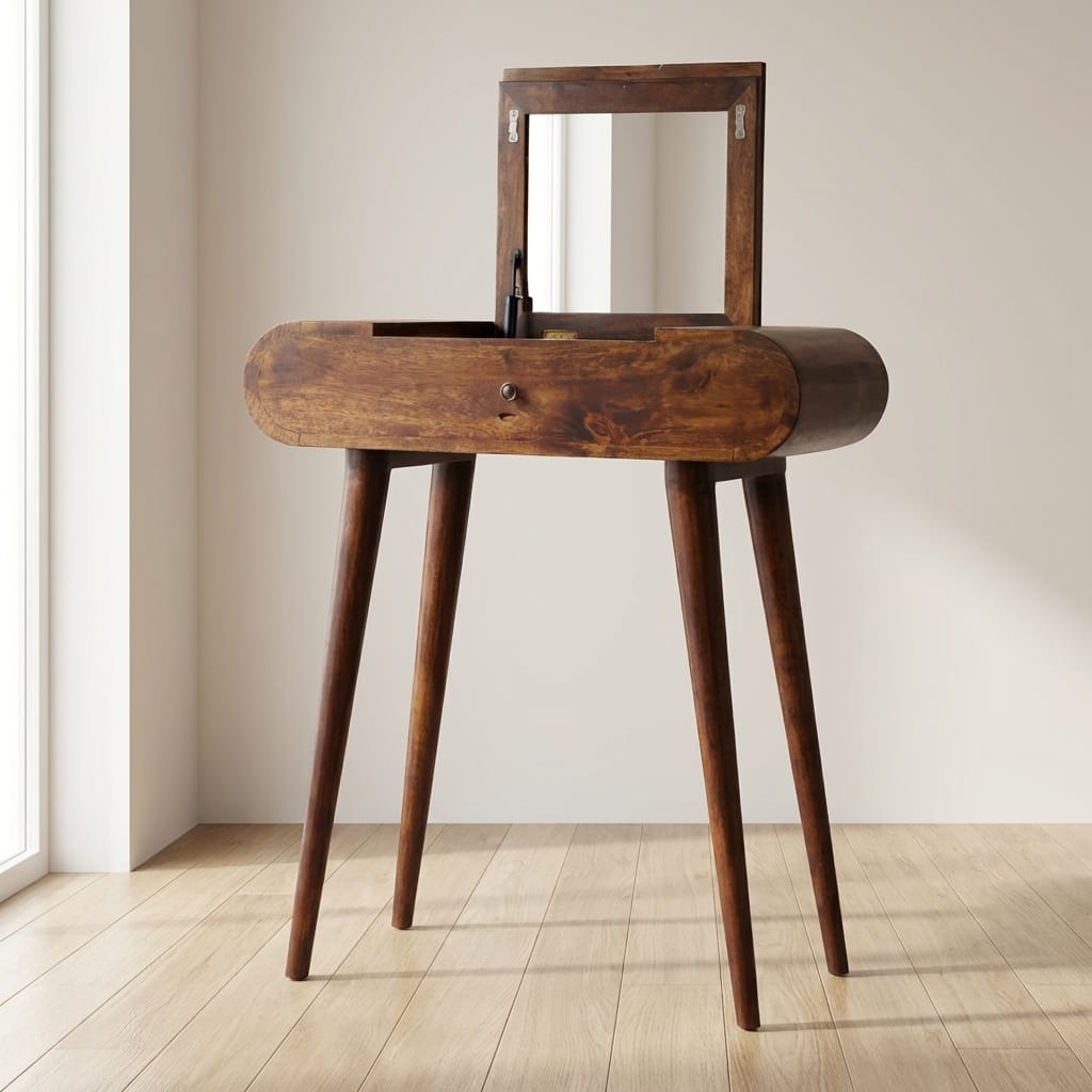 Mid-Century Modern Mini Round Chestnut Fold Dressing Table - Solid Mango Wood Vanity Table for Bedroom - main view...
