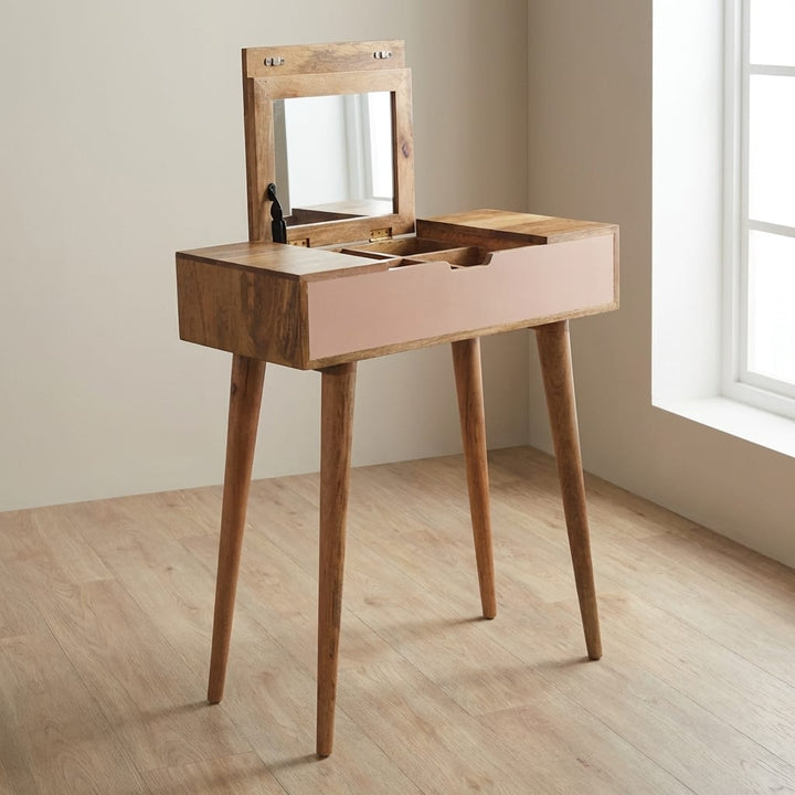 Mini Pink Dressing Table - Solid Mango Wood Vanity Table for Bedroom - main view showing handcrafted solid mango wood desk