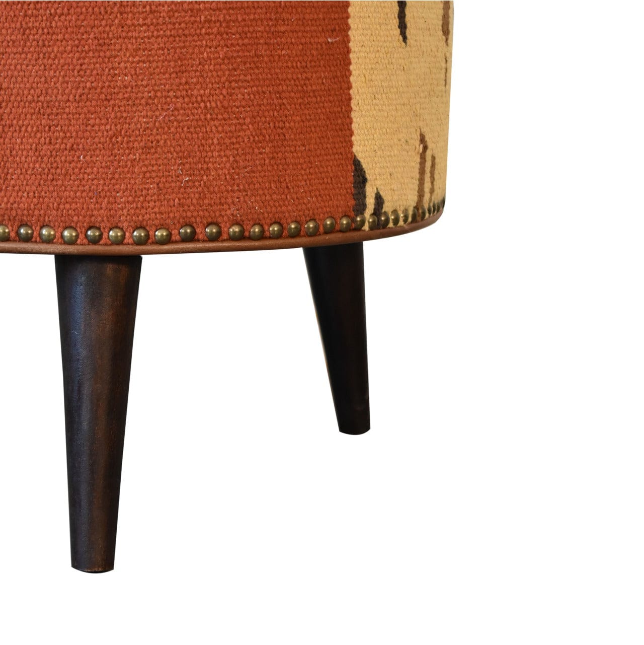 Durrie & Leather Mixed Footstool - Solid Mango Wood Accent Stool for Living Room - product view 8 showing handcrafted...