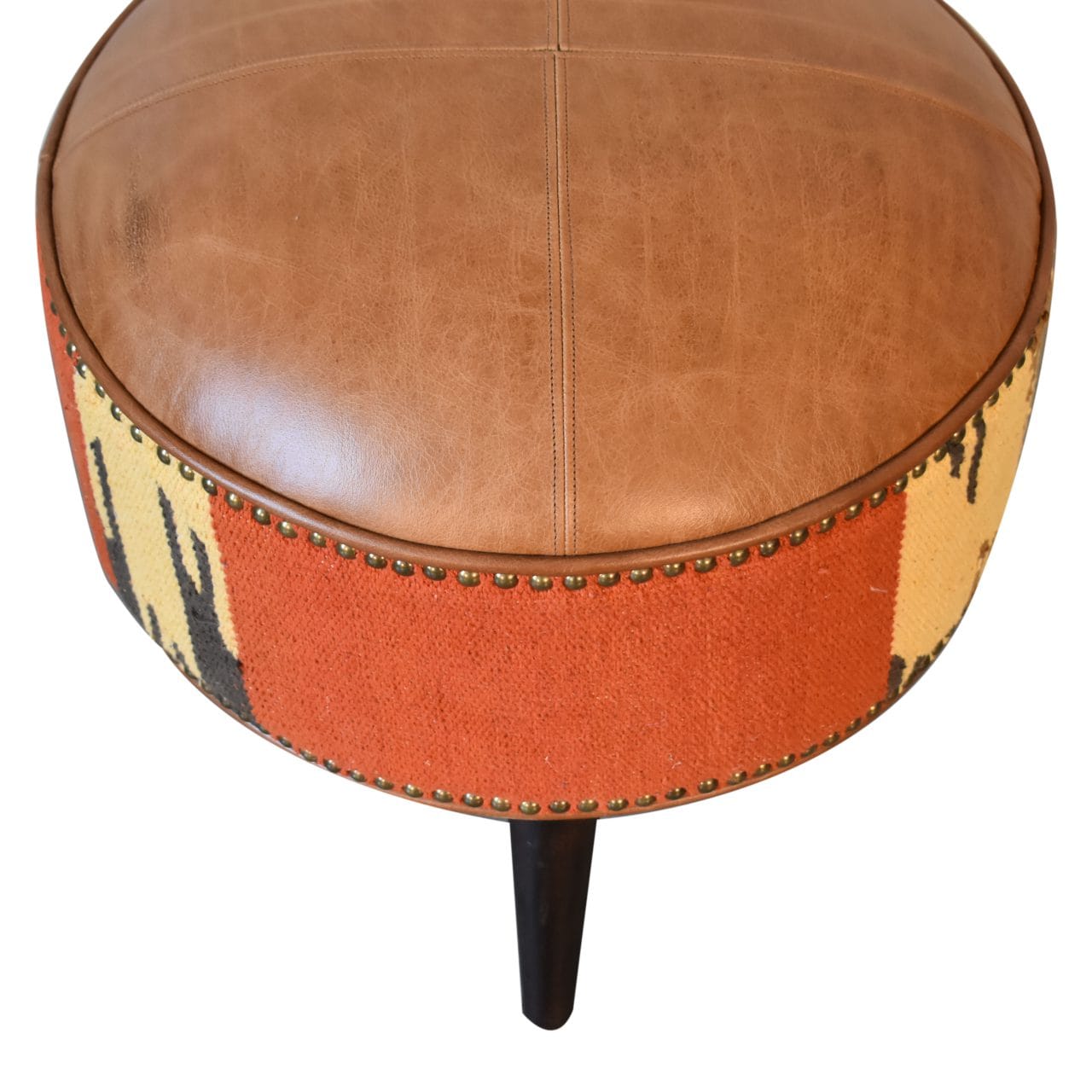 Durrie & Leather Mixed Footstool - Solid Mango Wood Accent Stool for Living Room - product view 7 showing handcrafted...