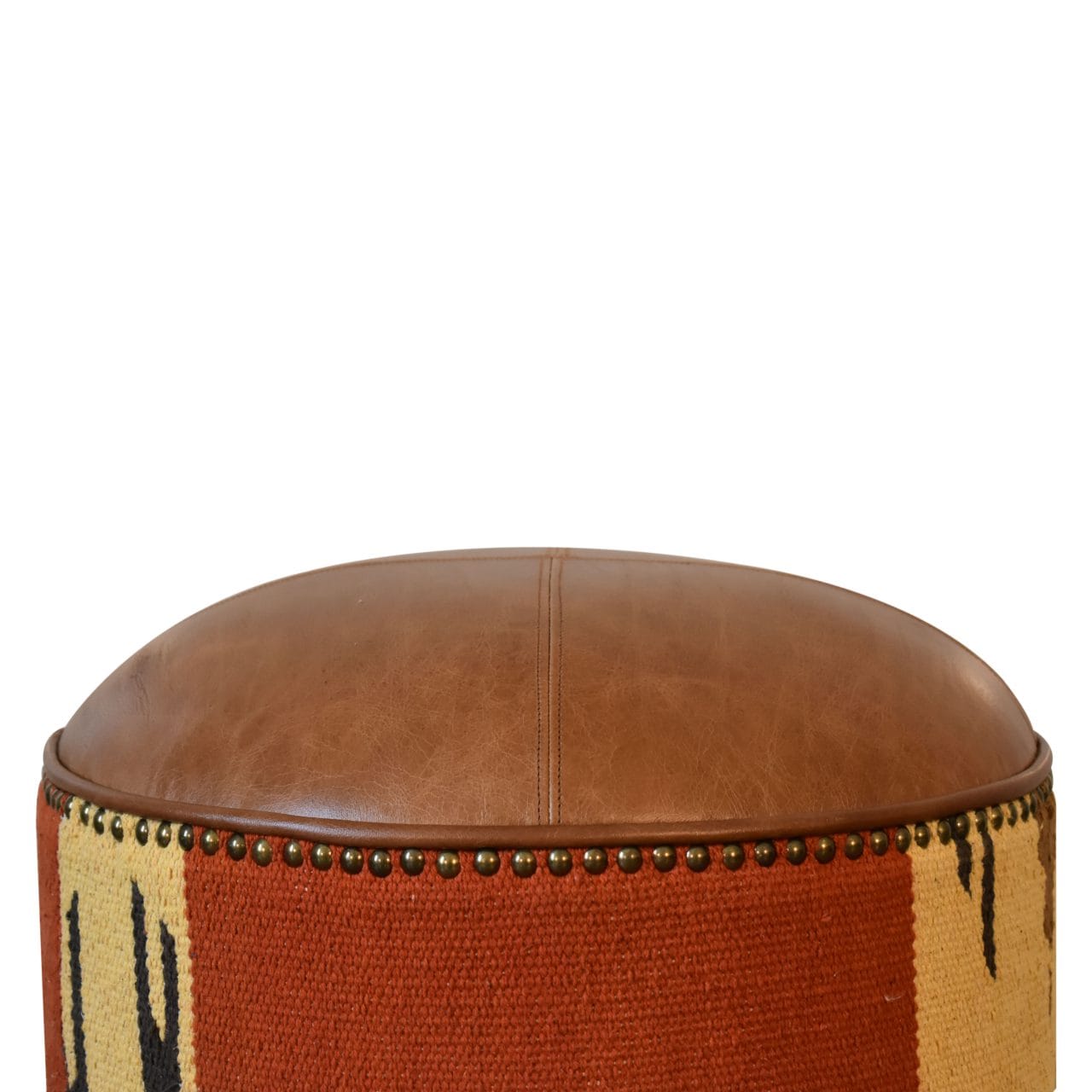 Durrie & Leather Mixed Footstool - Solid Mango Wood Accent Stool for Living Room - product view 6 showing handcrafted...