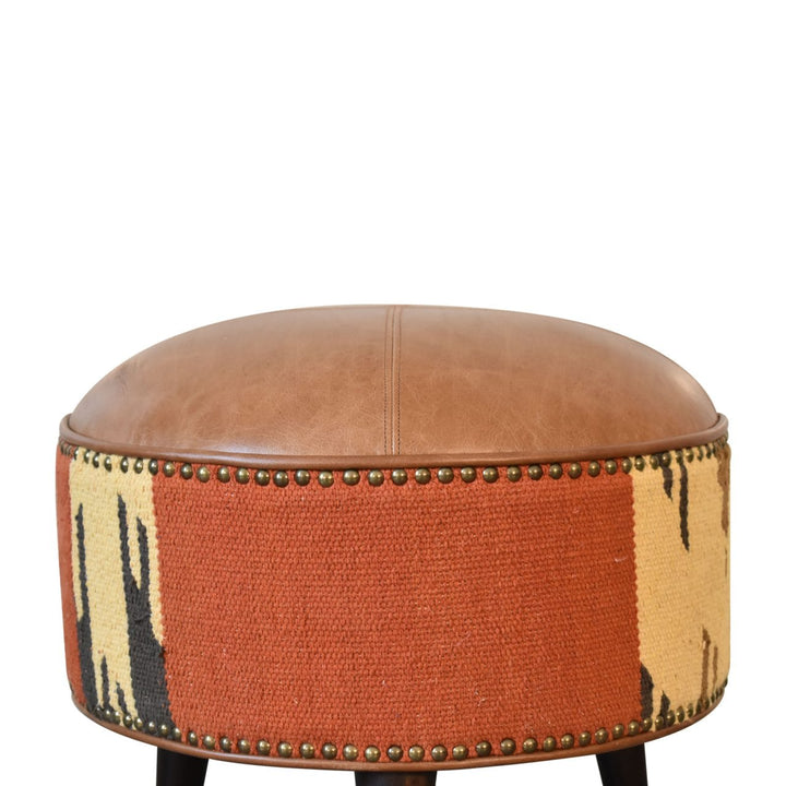 Durrie & Leather Mixed Footstool - Solid Mango Wood Accent Stool for Living Room - product view 5 showing handcrafted...