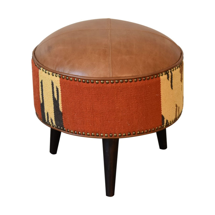 Durrie & Leather Mixed Footstool - Solid Mango Wood Accent Stool for Living Room - product view 4 showing handcrafted...