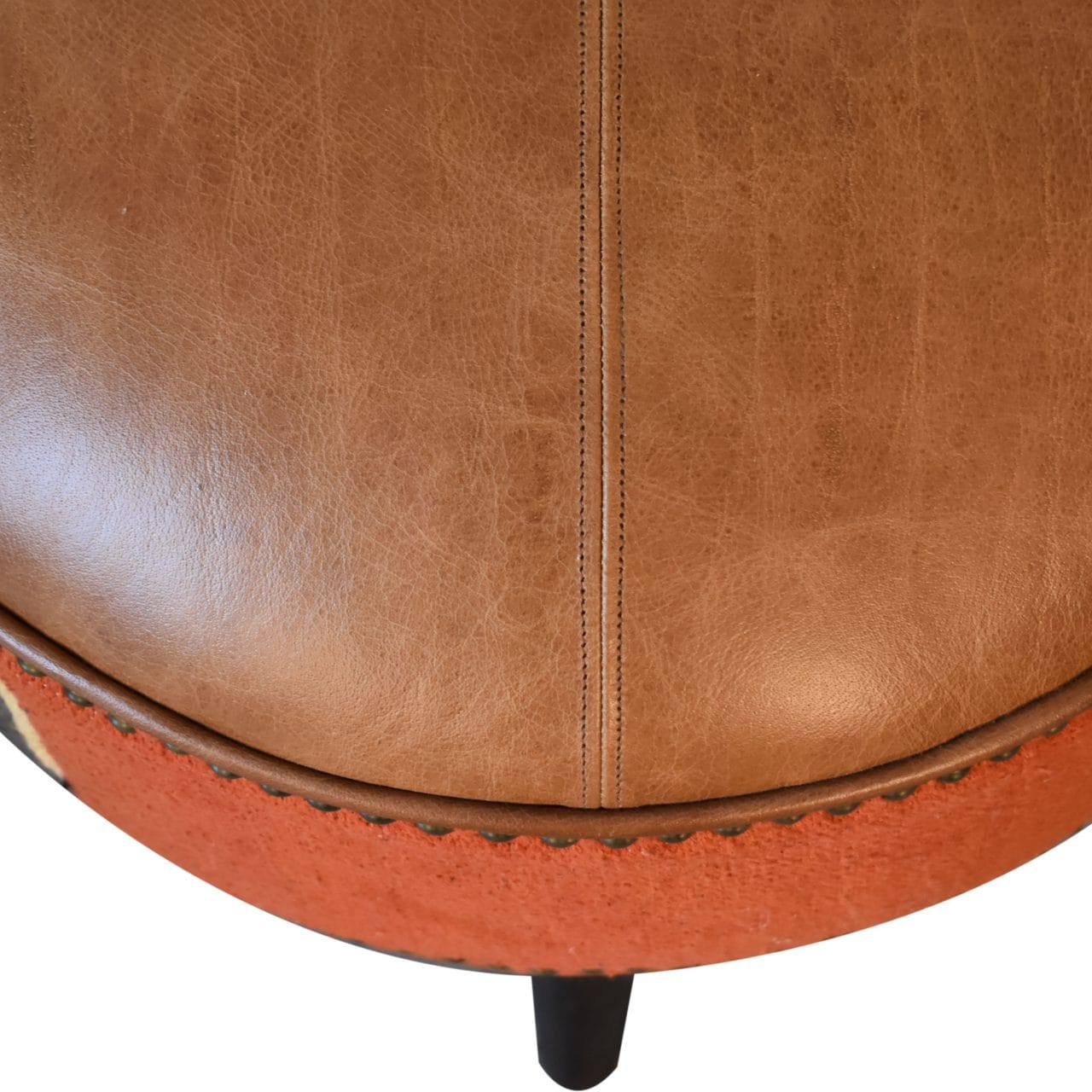Durrie & Leather Mixed Footstool - Solid Mango Wood Accent Stool for Living Room - product view 3 showing handcrafted...