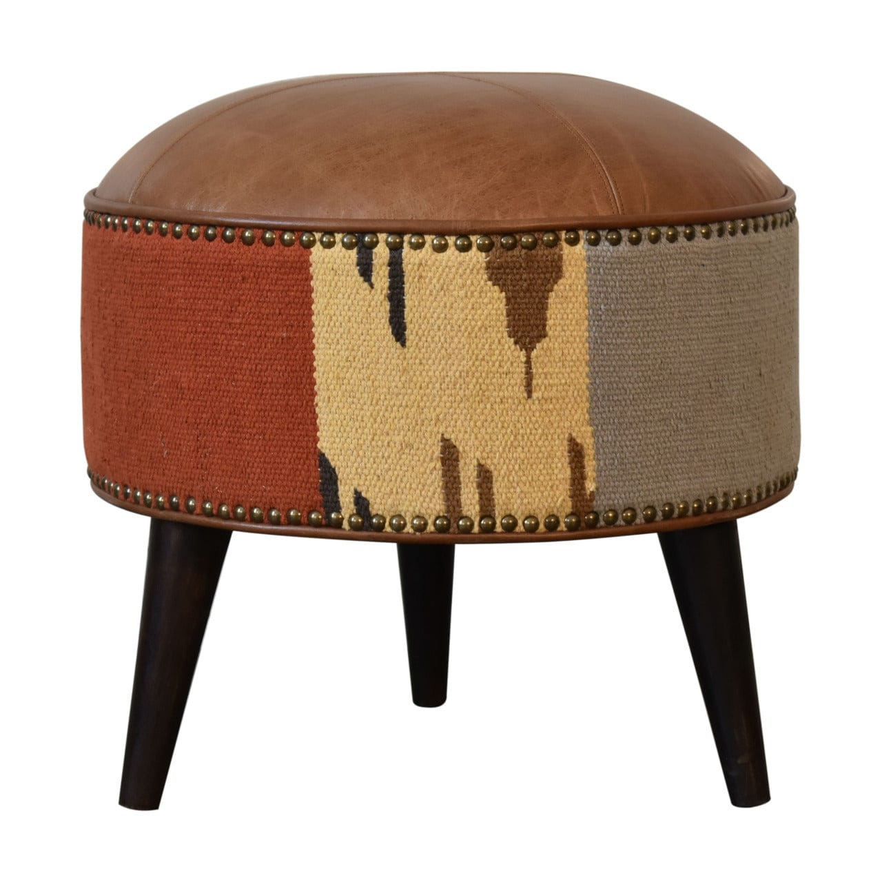 Durrie & Leather Mixed Footstool - Solid Mango Wood Accent Stool for Living Room - product view 2 showing handcrafted...