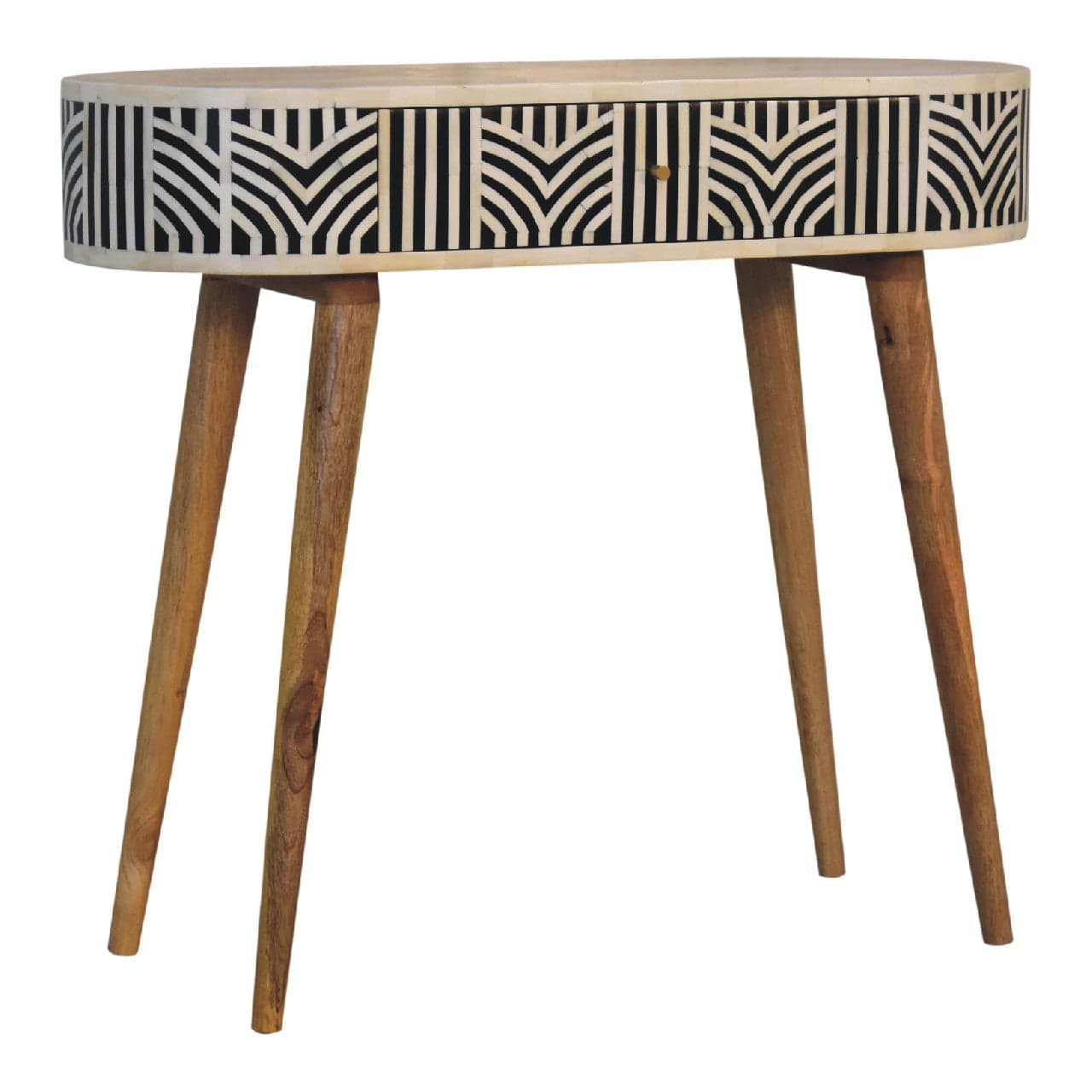 Edessa Bone Inlay Console Table - Solid Mango Wood Hallway Console for Entryway with patterned drawer and wooden legs.