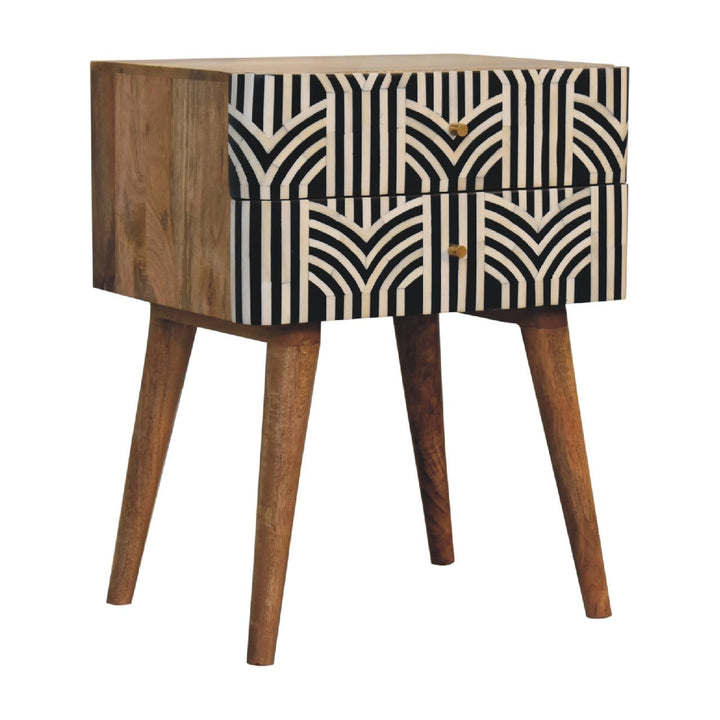 Edessa Bone Inlay Nightstand - Solid Mango Wood Bedside Table for Bedroom - product view 3 showing handcrafted solid...