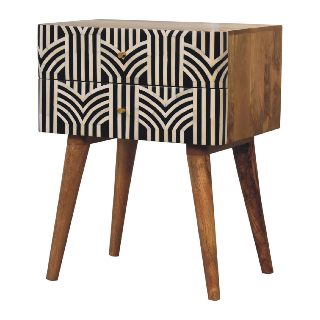 Edessa Bone Inlay Nightstand - Solid Mango Wood Bedside Table for Bedroom - product view 2 showing handcrafted solid...
