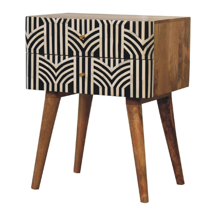 Edessa Bone Inlay Nightstand - Solid Mango Wood Bedside Table for Bedroom - product view 2 showing handcrafted solid...