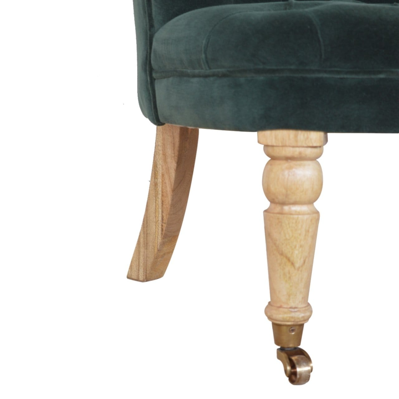 Emerald Velvet Accent Chair in Solid Mango Wood - product view 4 showing handcrafted solid mango wood chair
