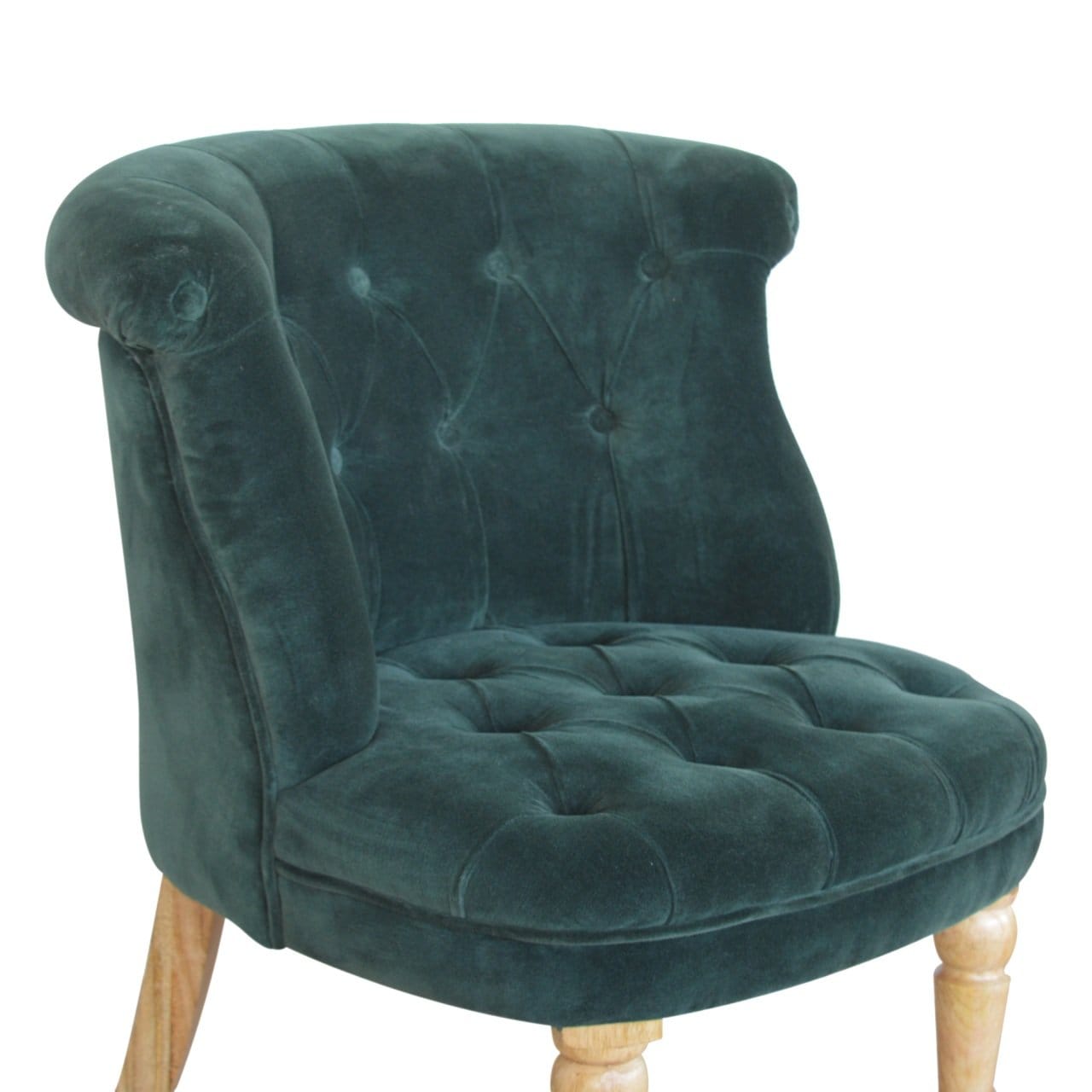 Emerald Velvet Accent Chair in Solid Mango Wood - product view 2 showing handcrafted solid mango wood chair