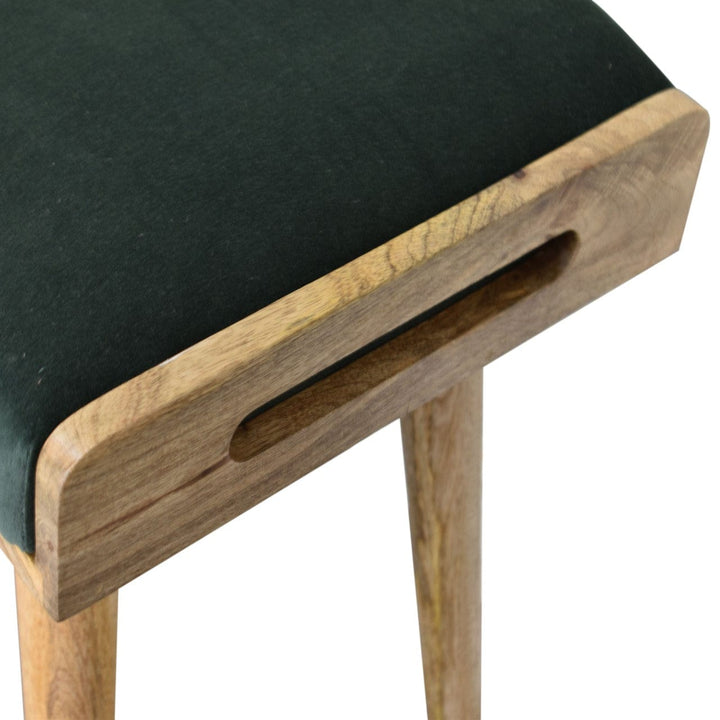 Emerald Velvet Tray Style Footstool - Solid Mango Wood Accent Stool for Living Room - product view 6 showing handcrafted...
