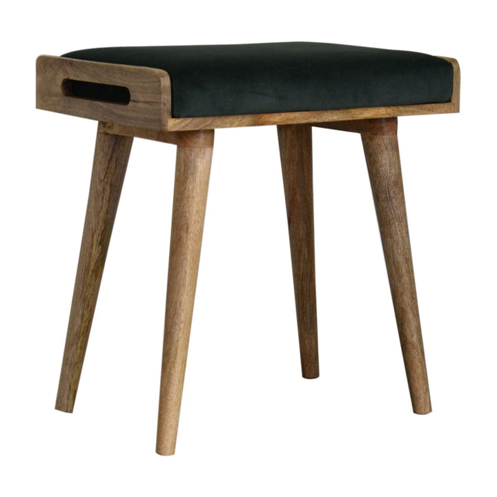 Emerald Velvet Tray Style Footstool - Solid Mango Wood Accent Stool for Living Room - product view 3 showing handcrafted...