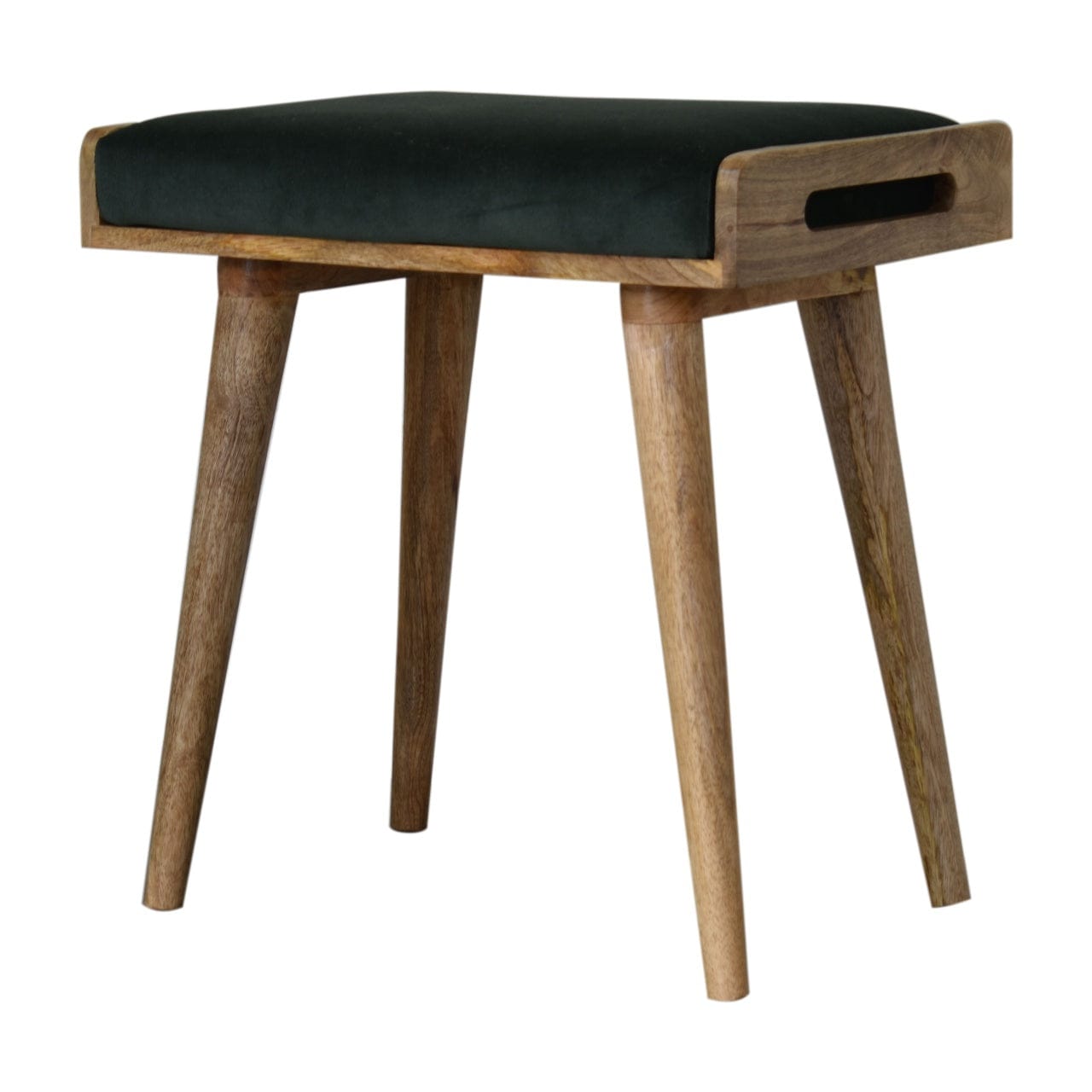 Emerald Velvet Tray Style Footstool - Solid Mango Wood Accent Stool for Living Room - product view 2 showing handcrafted...