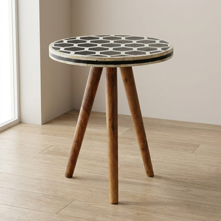 Handcrafted Bone Inlay Side Table - Solid Mango Wood End table - main view showing handcrafted solid mango wood side table