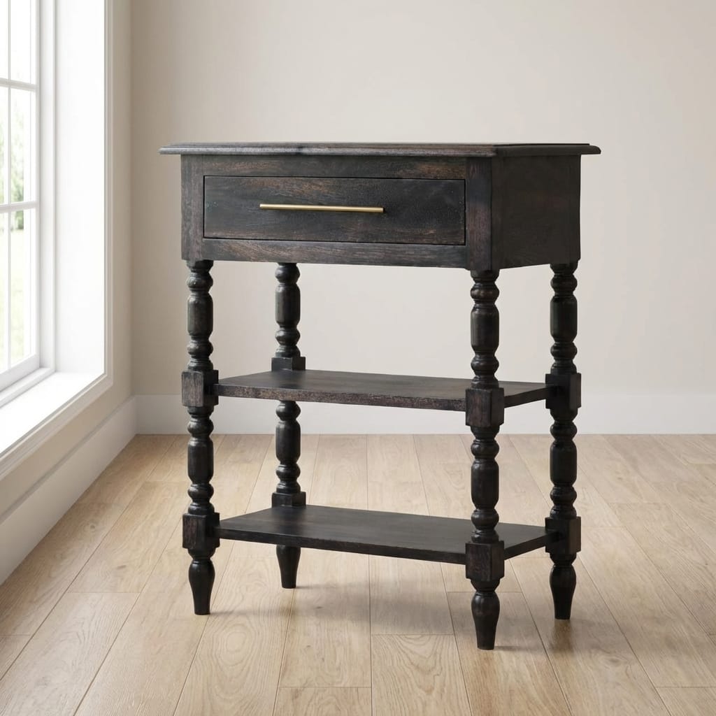 Heritage Turned-Leg End Table - Solid Mango Wood Side Table for Living Room - main view showing handcrafted solid mango...