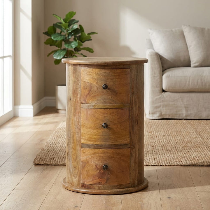 Functional 3 Drawer Drum Table - Solid Mango Wood End Tble - main view showing handcrafted solid mango wood side table
