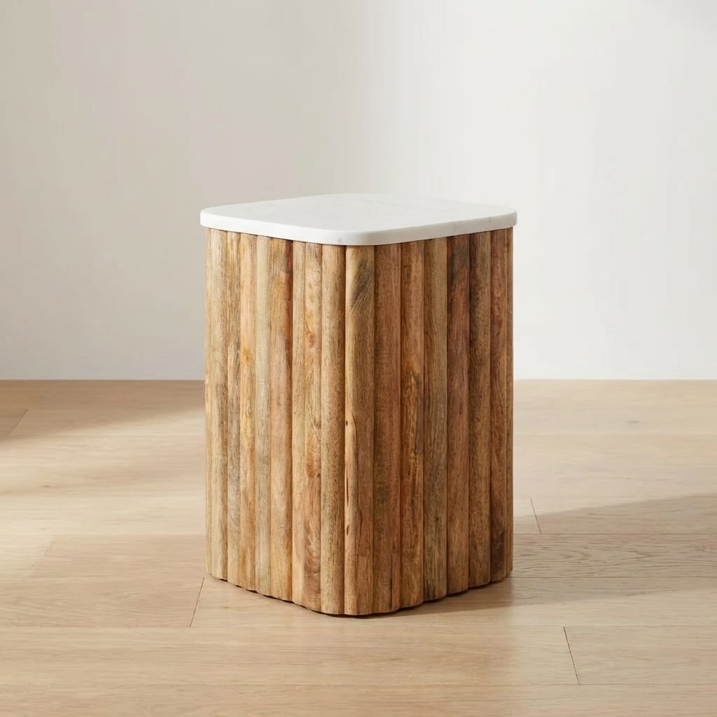 Oak-ish Marble Top End Table in Solid Mango Wood - main view showing handcrafted solid mango wood side table