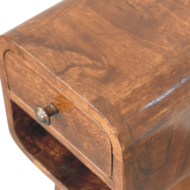 Extra Mini Chestnut Curve Lower Nightstand - Solid Mango Wood Bedside Table for Bedroom - product view 7 showing...