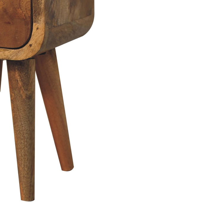 Extra Mini Curved Oak-ish Nightstand - Solid Mango Wood Bedside Table for Bedroom - product view 8 showing handcrafted...