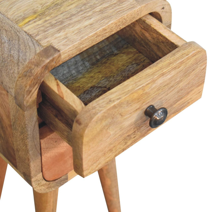 Extra Mini Curved Oak-ish Nightstand - Solid Mango Wood Bedside Table for Bedroom - product view 7 showing handcrafted...
