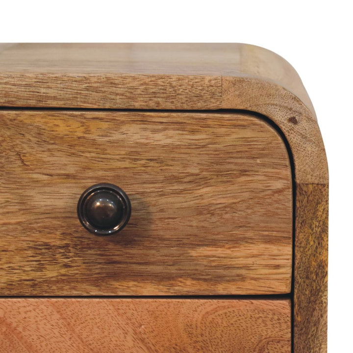 Extra Mini Curved Oak-ish Nightstand - Solid Mango Wood Bedside Table for Bedroom - product view 5 showing handcrafted...