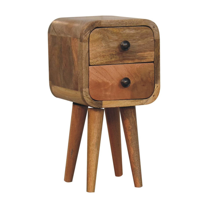 Extra Mini Curved Oak-ish Nightstand - Solid Mango Wood Bedside Table for Bedroom - product view 4 showing handcrafted...