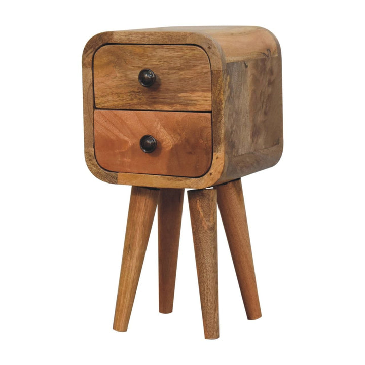 Extra Mini Curved Oak-ish Nightstand - Solid Mango Wood Bedside Table for Bedroom - product view 3 showing handcrafted...