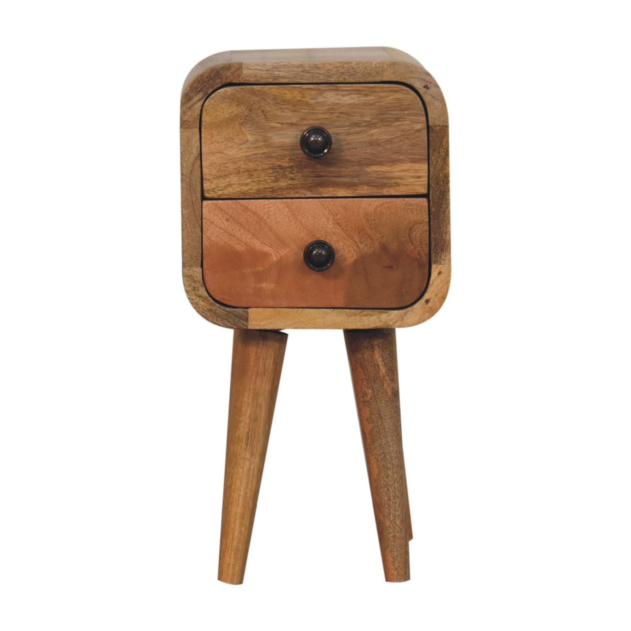 Extra Mini Curved Oak-ish Nightstand - Solid Mango Wood Bedside Table for Bedroom - product view 2 showing handcrafted...