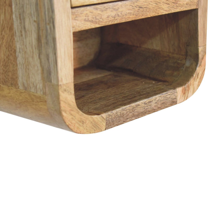 Extra Mini Curved Oak-ish Nightstand - Solid Mango Wood Bedside Table for Bedroom - product view 8 showing handcrafted...