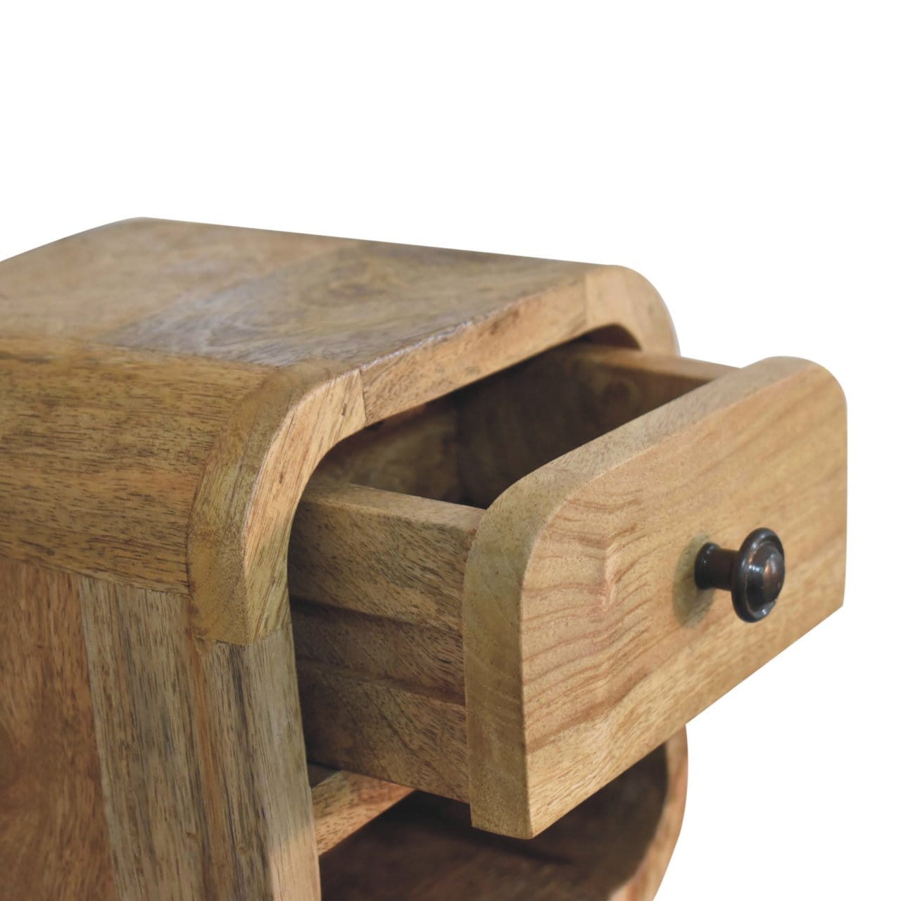 Extra Mini Curved Oak-ish Nightstand - Solid Mango Wood Bedside Table for Bedroom - product view 7 showing handcrafted...
