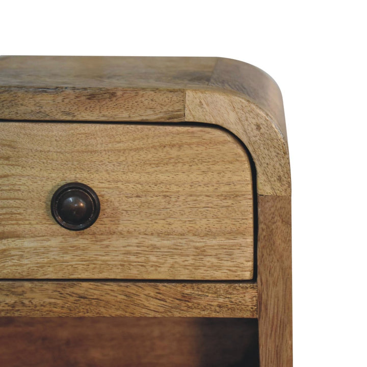 Extra Mini Curved Oak-ish Nightstand - Solid Mango Wood Bedside Table for Bedroom - product view 6 showing handcrafted...
