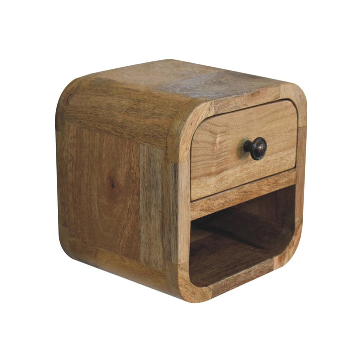 Extra Mini Curved Oak-ish Nightstand - Solid Mango Wood Bedside Table for Bedroom - product view 5 showing handcrafted...