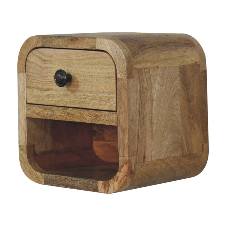 Extra Mini Curved Oak-ish Nightstand - Solid Mango Wood Bedside Table for Bedroom - product view 4 showing handcrafted...