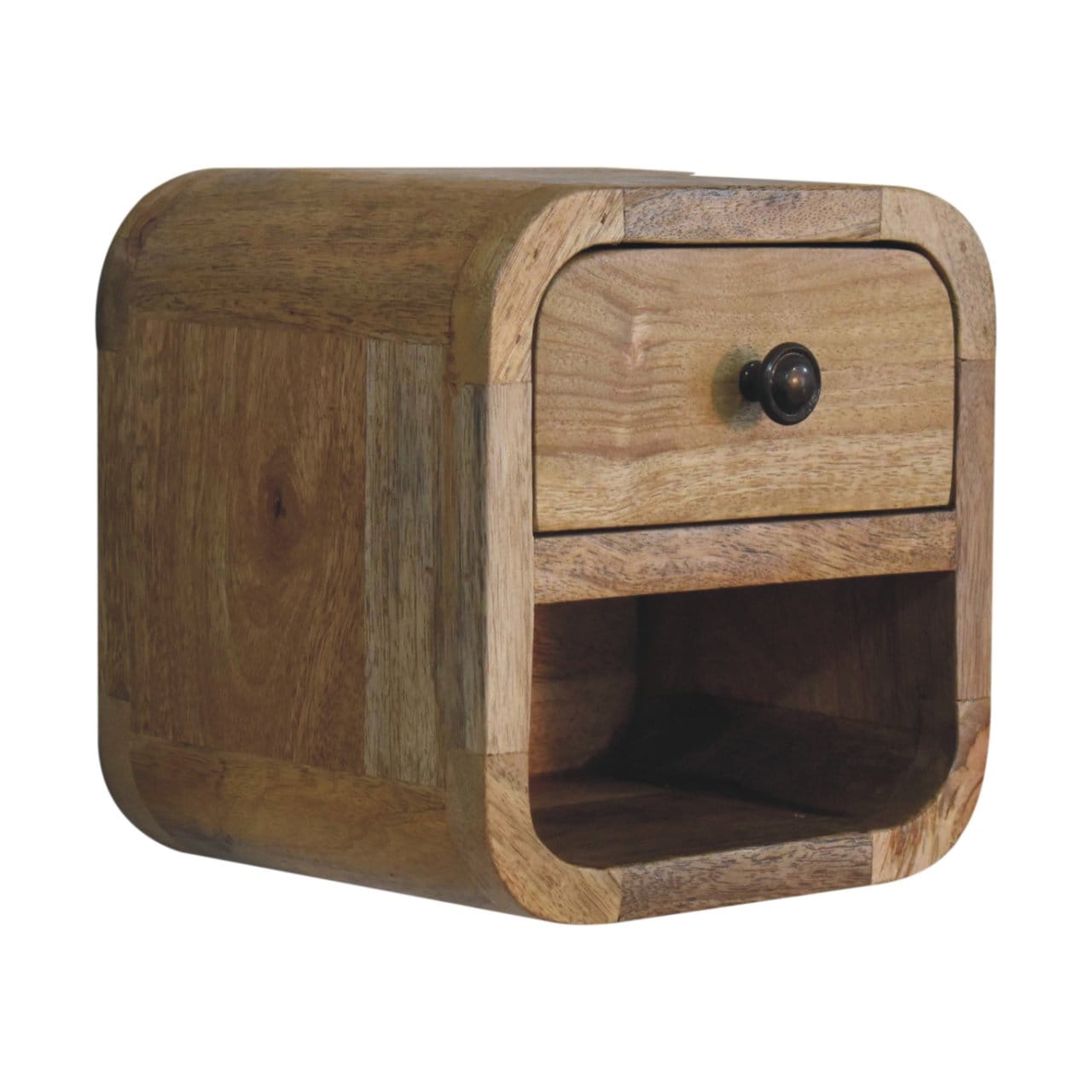 Extra Mini Curved Oak-ish Nightstand - Solid Mango Wood Bedside Table for Bedroom - product view 3 showing handcrafted...