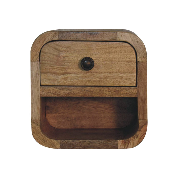 Extra Mini Curved Oak-ish Nightstand - Solid Mango Wood Bedside Table for Bedroom - product view 2 showing handcrafted...