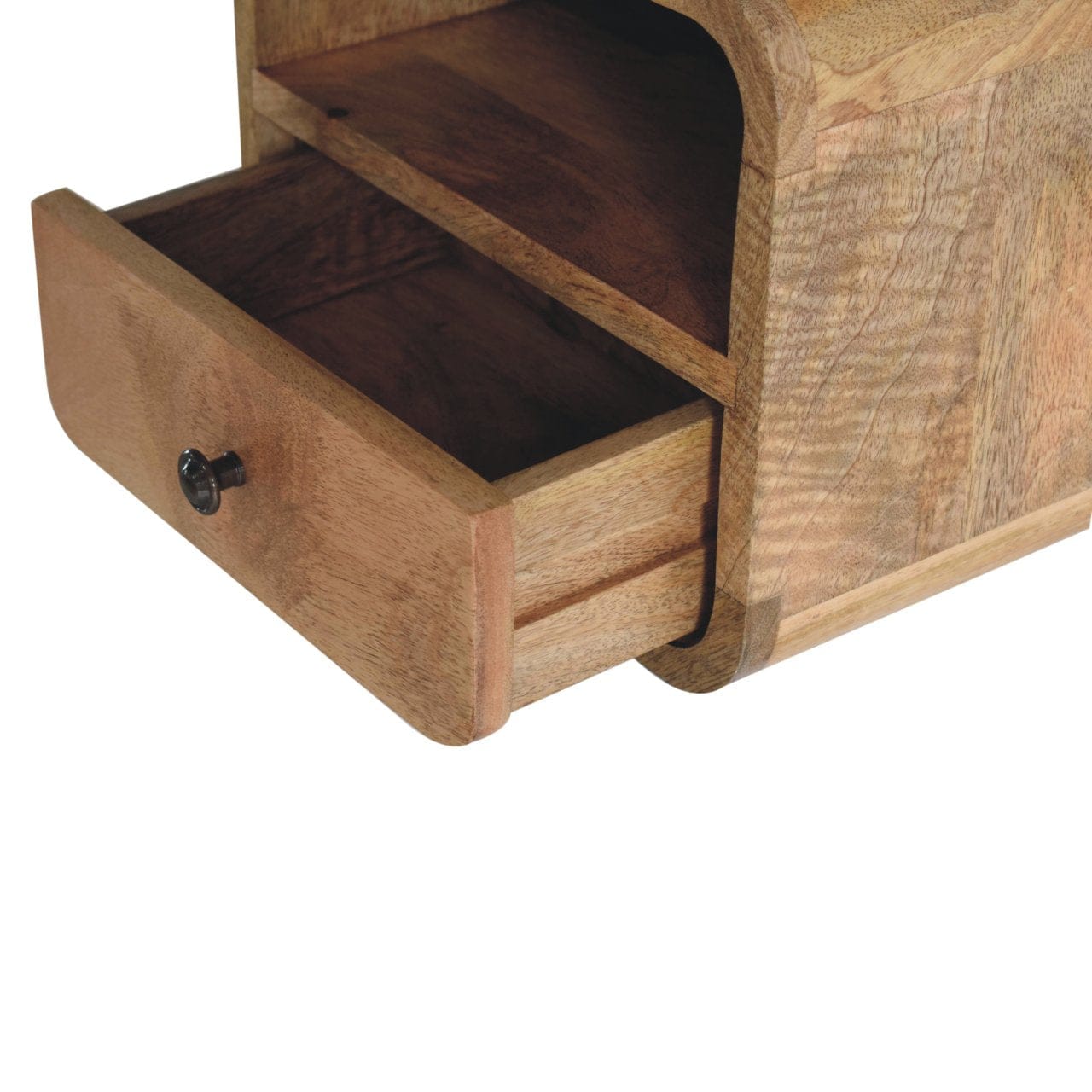 Extra Mini Wall Mounted Curved Oak-ish Nightstand - Solid Mango Wood Bedside Table for Bedroom - product view 8 showing...