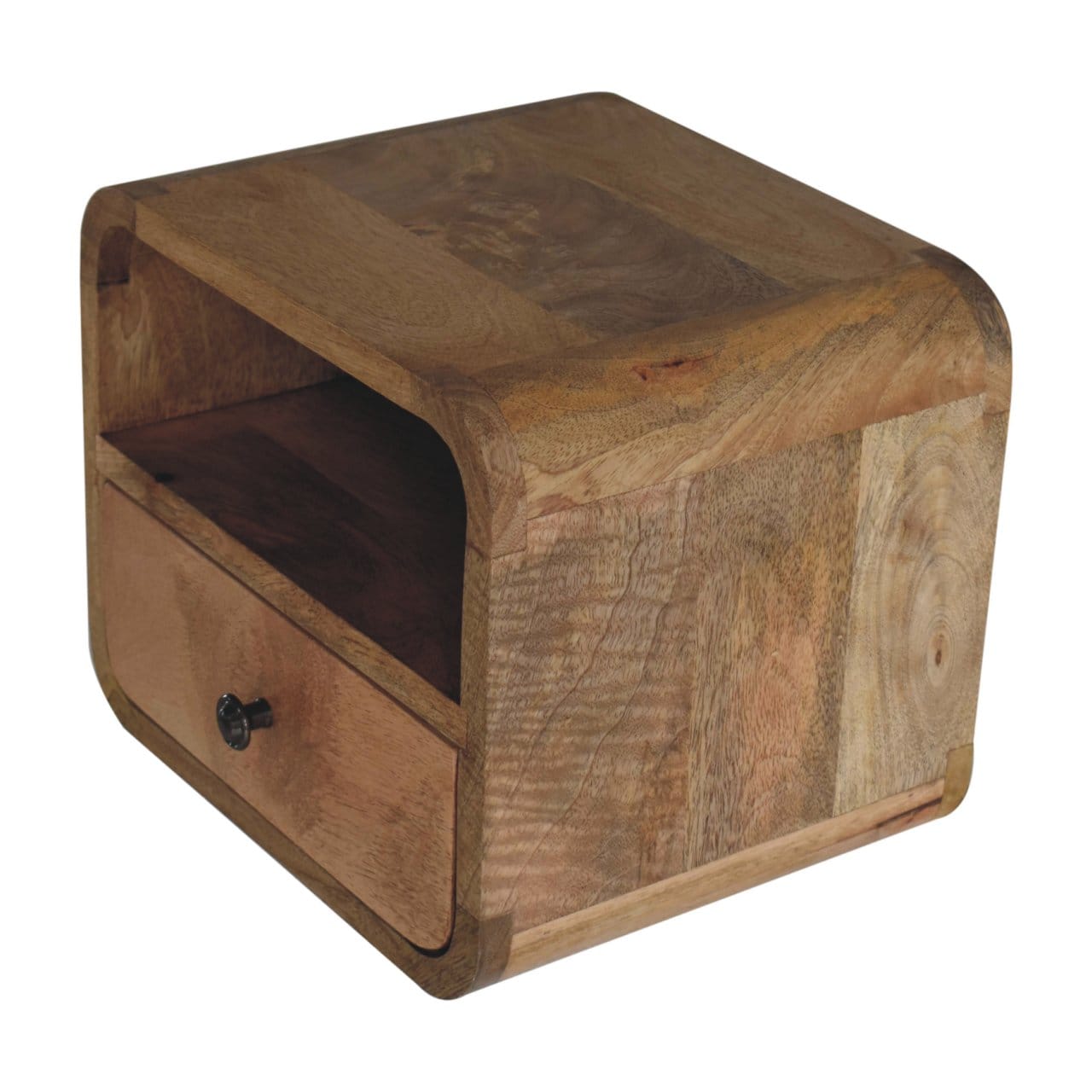 Extra Mini Wall Mounted Curved Oak-ish Nightstand - Solid Mango Wood Bedside Table for Bedroom - product view 7 showing...