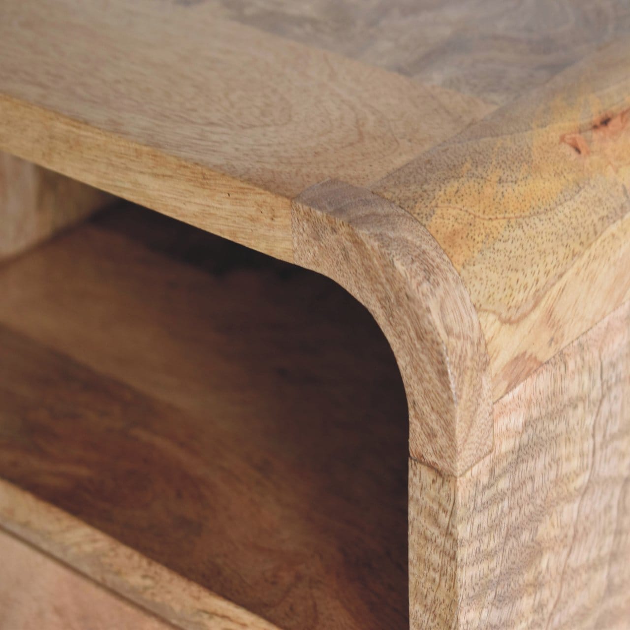 Extra Mini Wall Mounted Curved Oak-ish Nightstand - Solid Mango Wood Bedside Table for Bedroom - product view 6 showing...