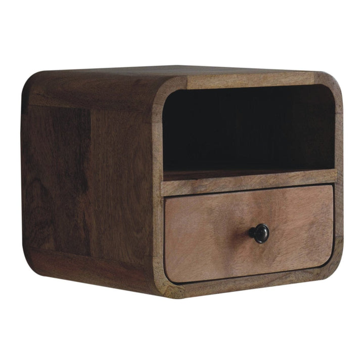 Extra Mini Wall Mounted Curved Oak-ish Nightstand - Solid Mango Wood Bedside Table for Bedroom - product view 4 showing...