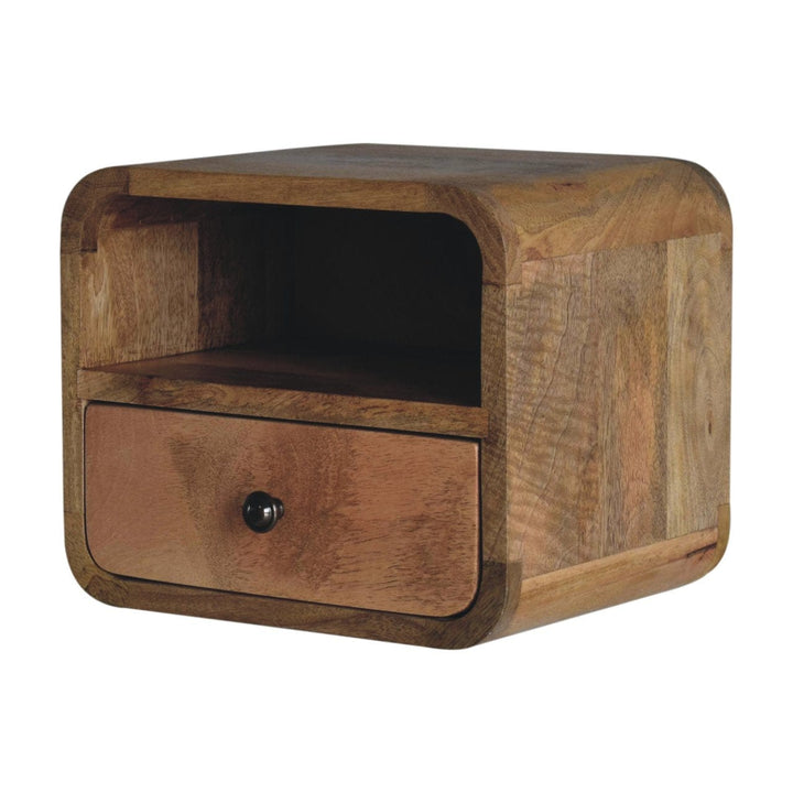Extra Mini Wall Mounted Curved Oak-ish Nightstand - Solid Mango Wood Bedside Table for Bedroom - product view 3 showing...